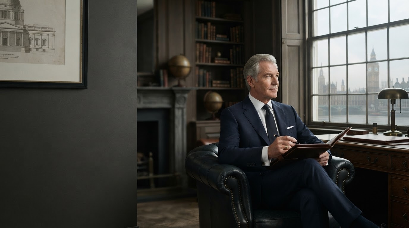 Rothschild Dynasty Illuminati — a quiet, minimalist home office setting representing calm, disciplined financial planning